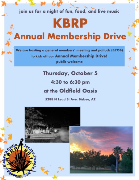 KBRP annual membership drive picnic 4:30 6:30 pm Thur Oct 5 Oldfield Oasis 5288 N Lead Str with music from MAHAVIA